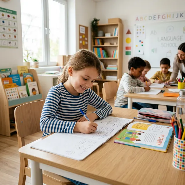 Niña feliz y estudiosa aprendiendo en Kids Center Costa Rica